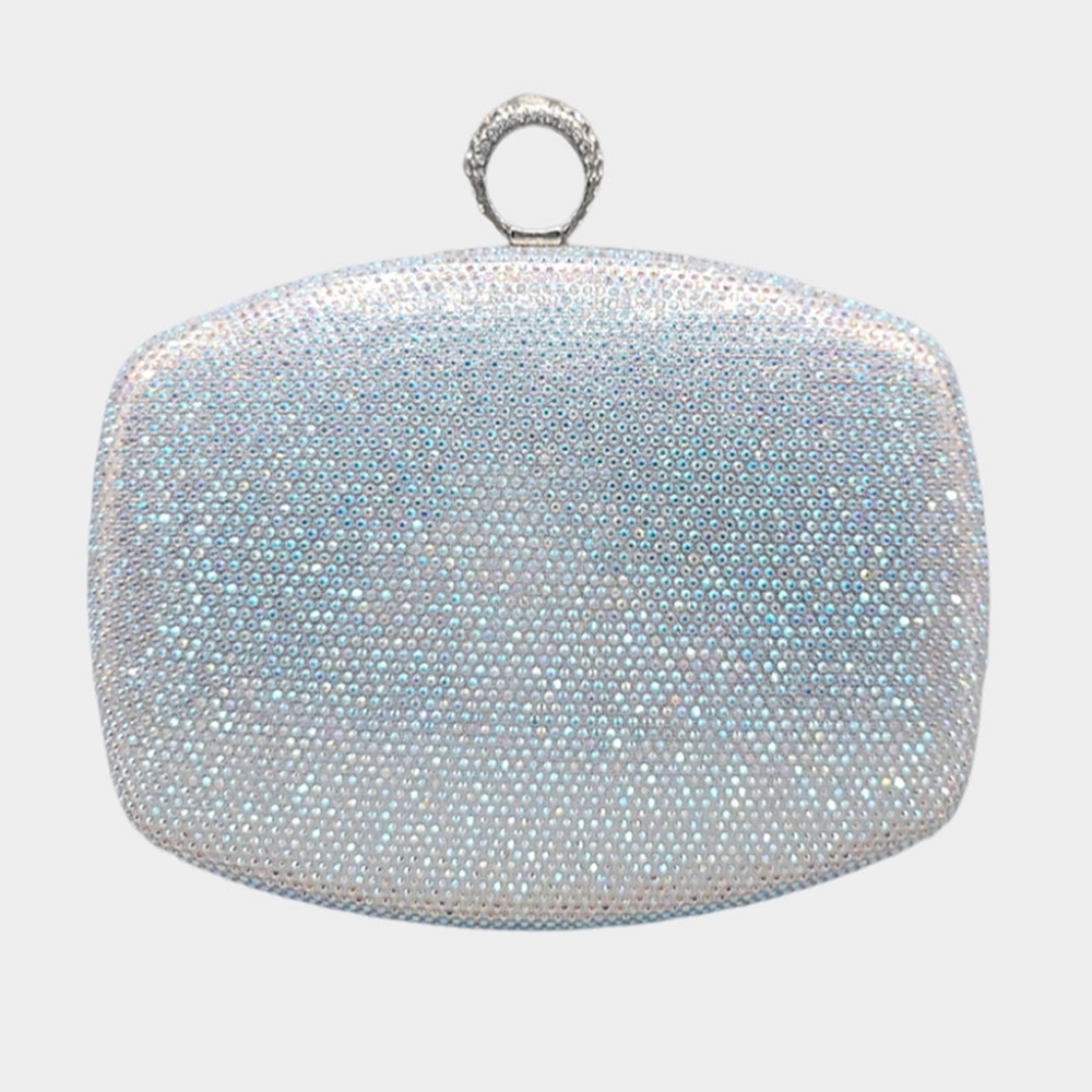 Silver Clutch Ring Rhinestone Crystal Purse Bling Formal Evening Crossbody Bag